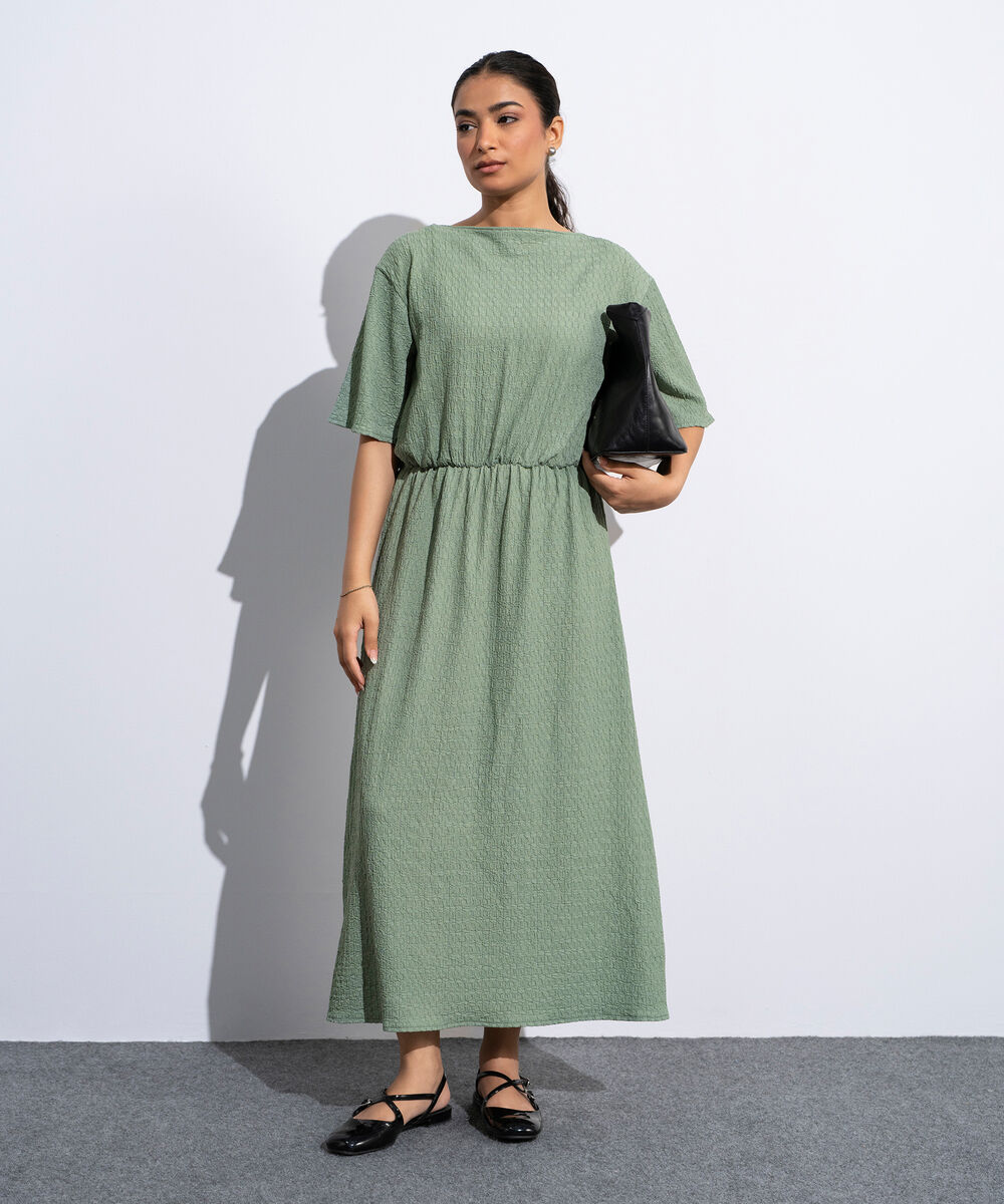 Women's Sage Green Midi Dress In Textured Fabric