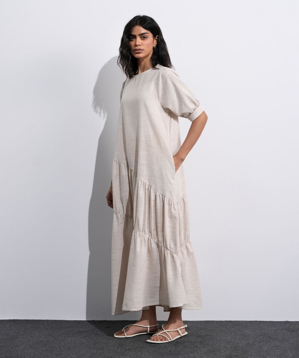 Women's Off White Asymmetrical Panels Midi Dress