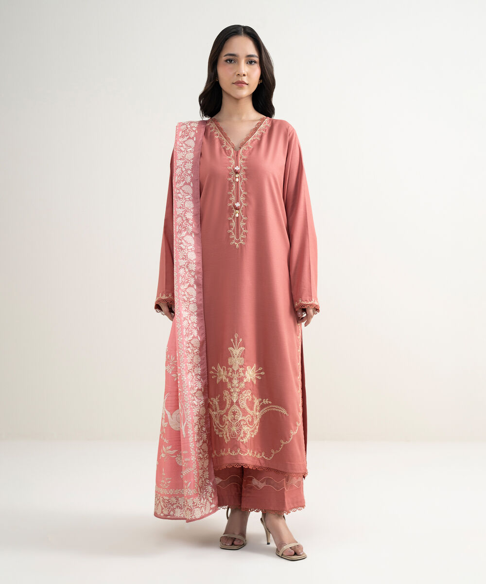 Women's RTW Cotton Viscose Embroidered Salmon 3 Piece Suit