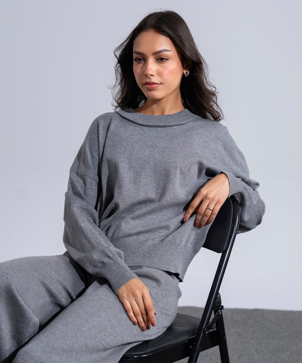 Women's Western Wear Grey Melange Round Neck Knit Jumper