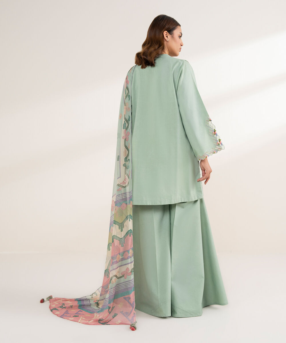 Women's Unstitched Cotton Viscose Embroidered Green 3 Piece Suit