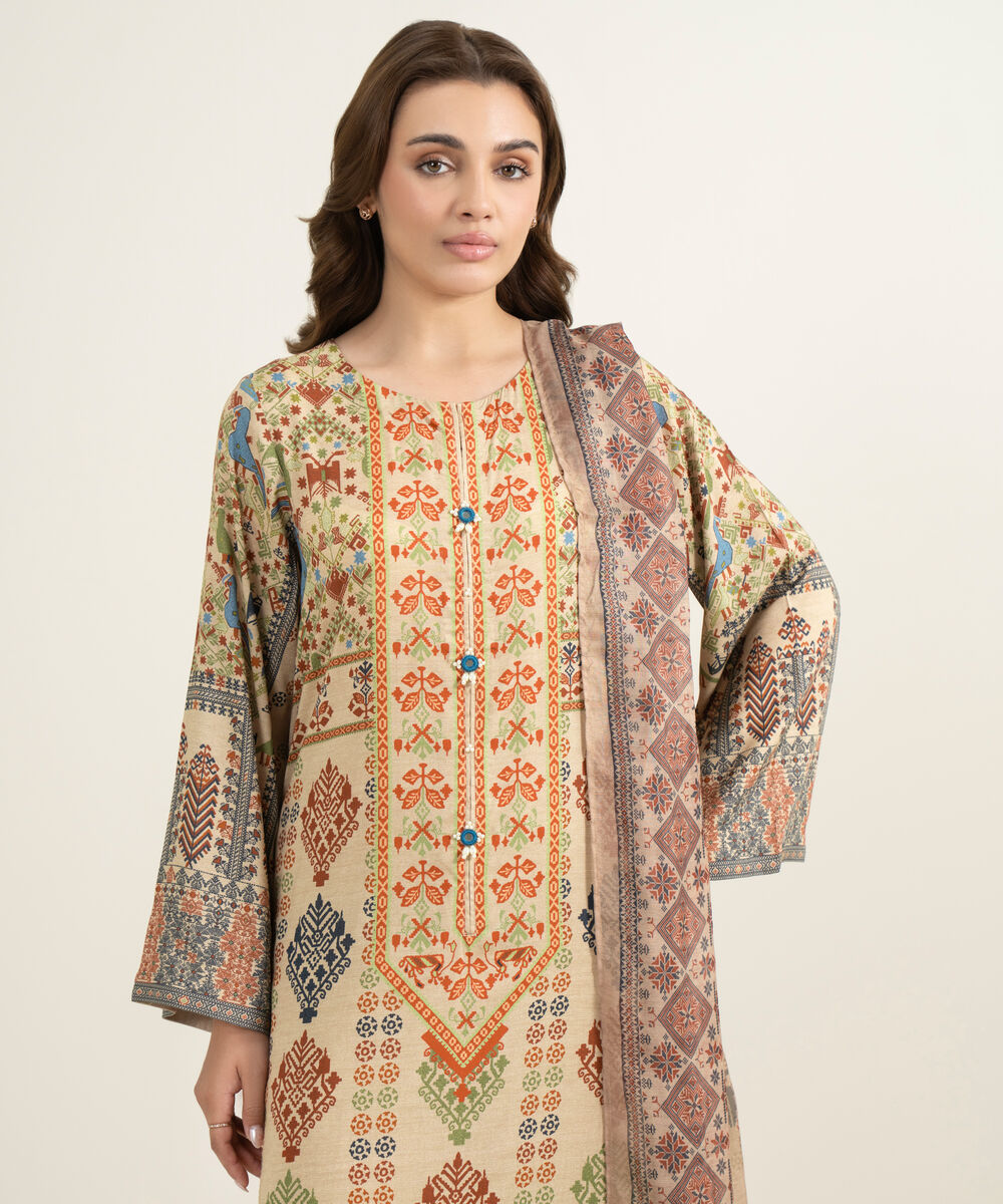 Women's RTW Viscose Raw Silk Printed Beige 3 Piece Suit