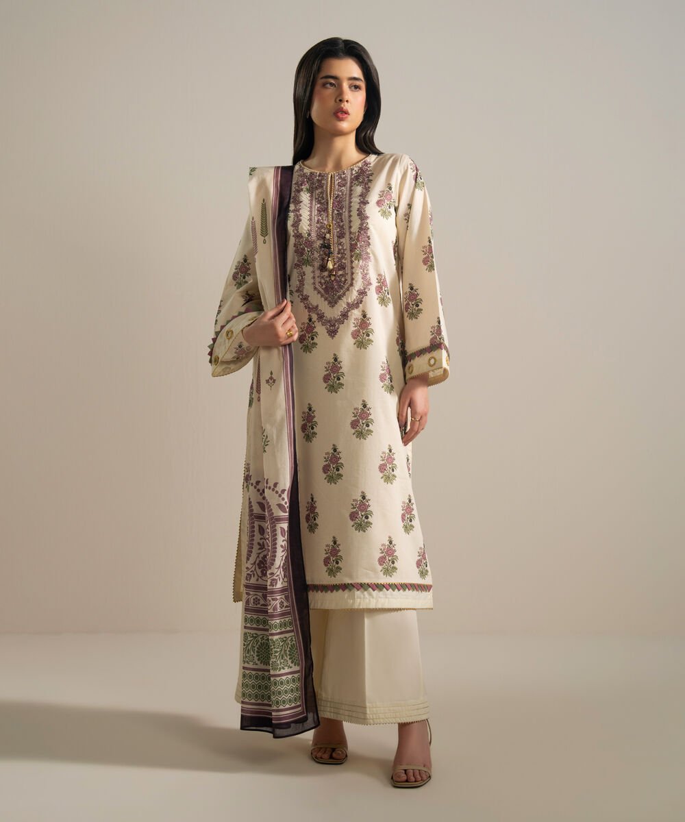 Women's RTW Zari Lawn Embroidered Off White 3 Piece Suit