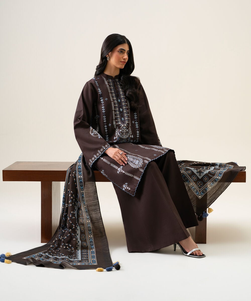 Womens Unstitched Light Khaddar Embroidered Brown 3 Piece Suit