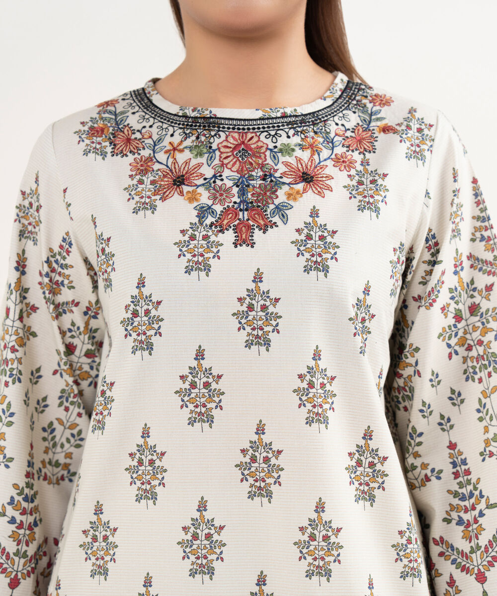 Women's Unstitched Textured Cotton Embroidered Multi 3 Piece Suit