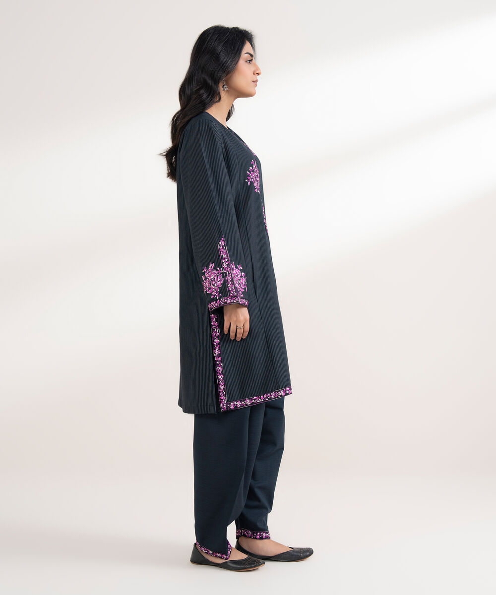 Women's RTW Zari Khaddar Embroidered Black Straight Shirt