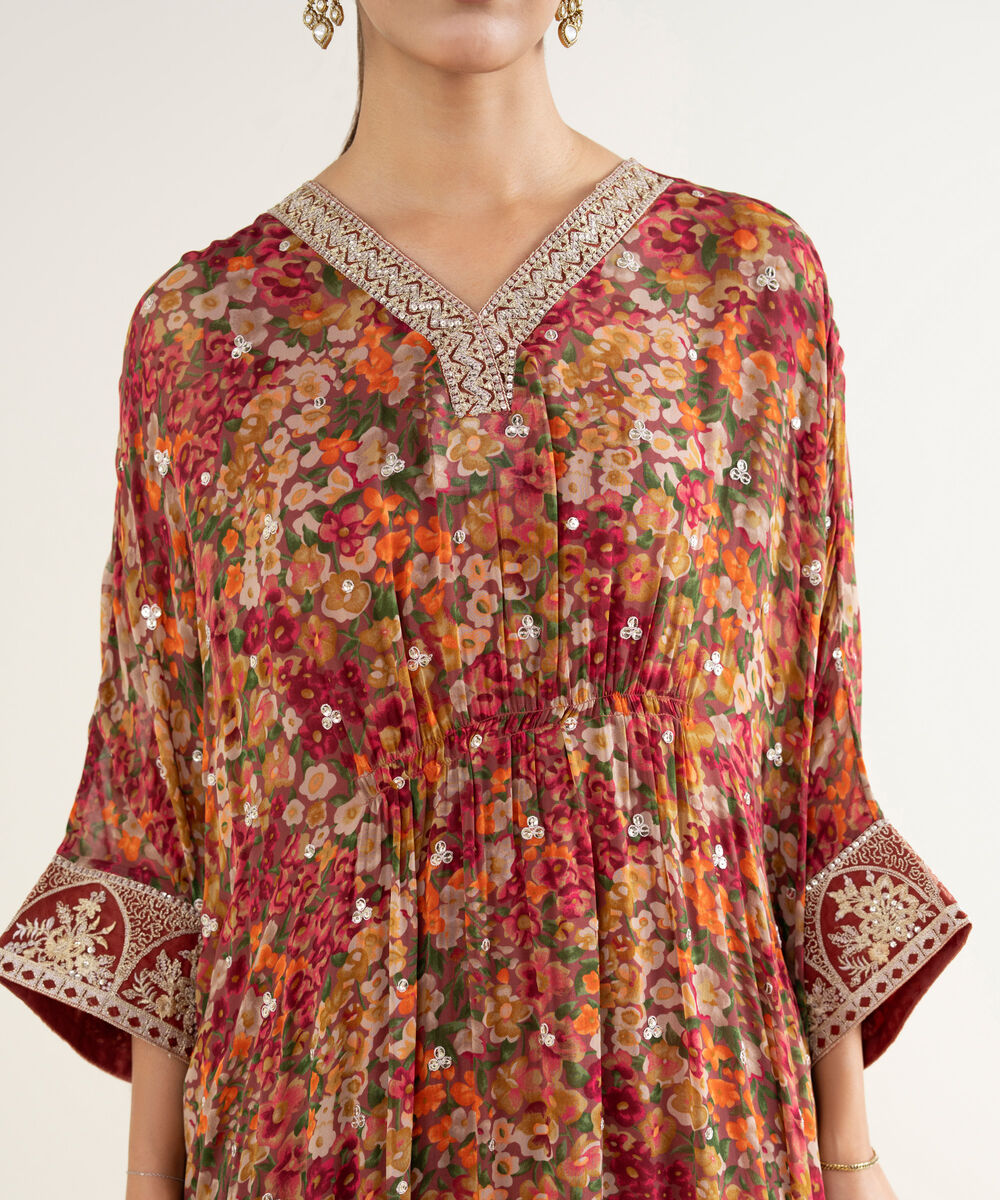 Women's RTW Bemberg Georgette Chiffon Embroidered Brown 2 Piece Suit