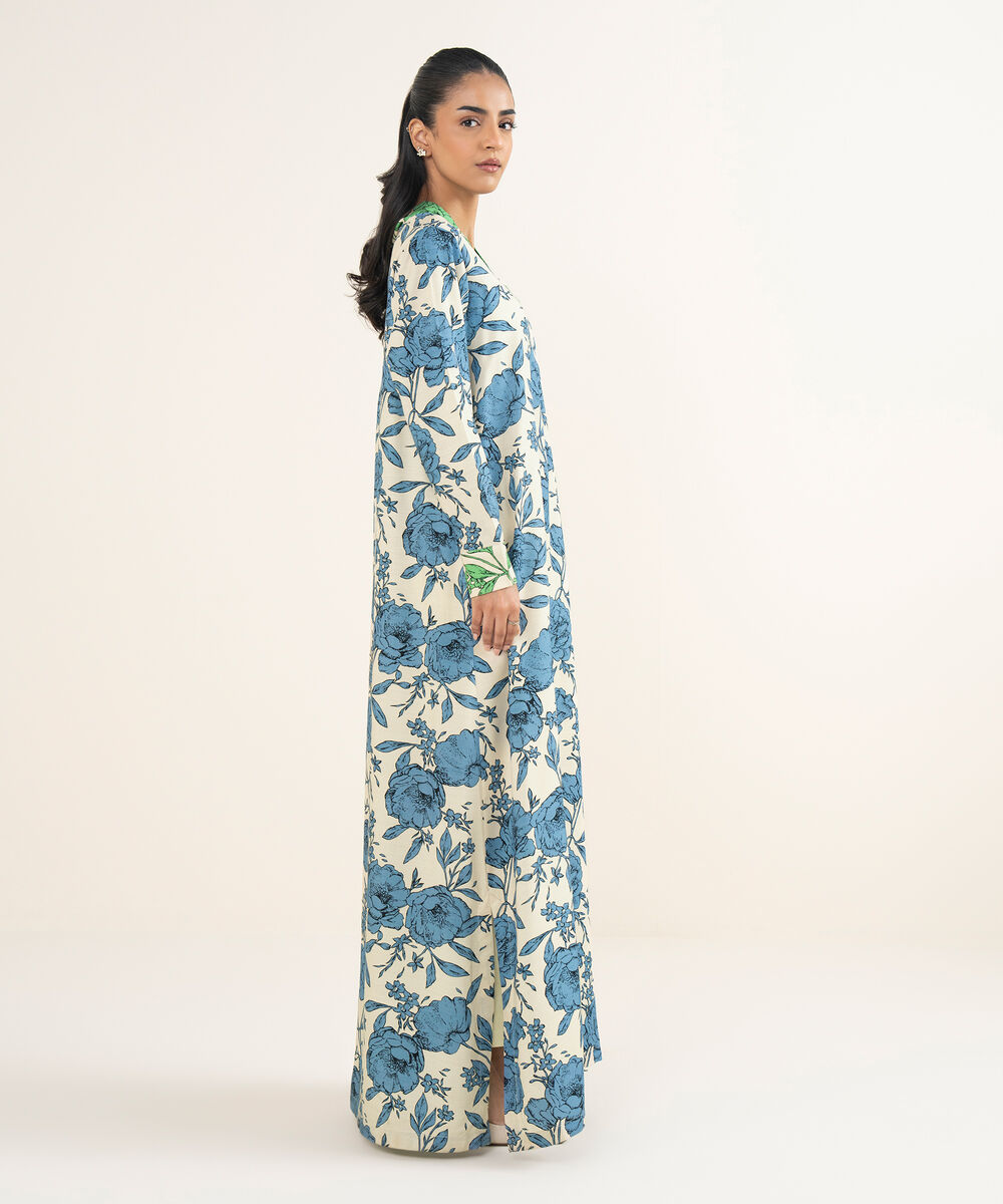 Women's RTW Herringbone Printed Blue Straight Shirt