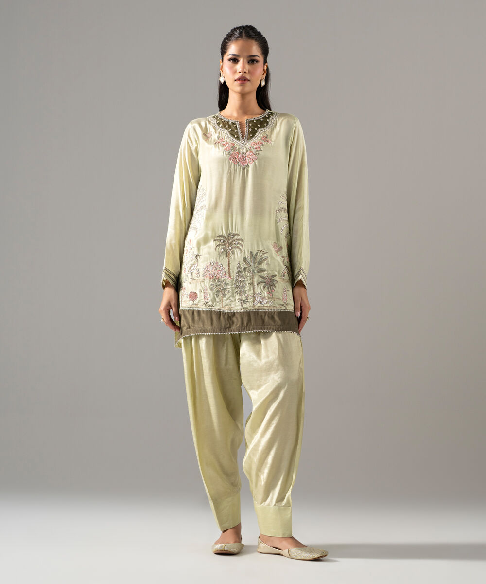 Women's RTW Thai Silk Solid Embroidered Green 2 Piece Suit