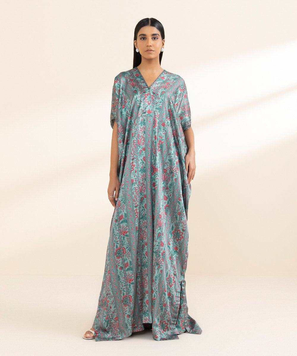 Woman - Blue 2 Piece - Printed Satin Suit