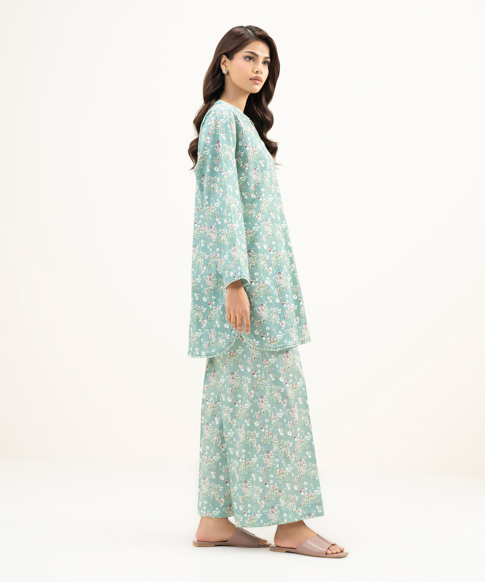 Women's RTW Seersucker Printed Dusty Mint Straight Shirt