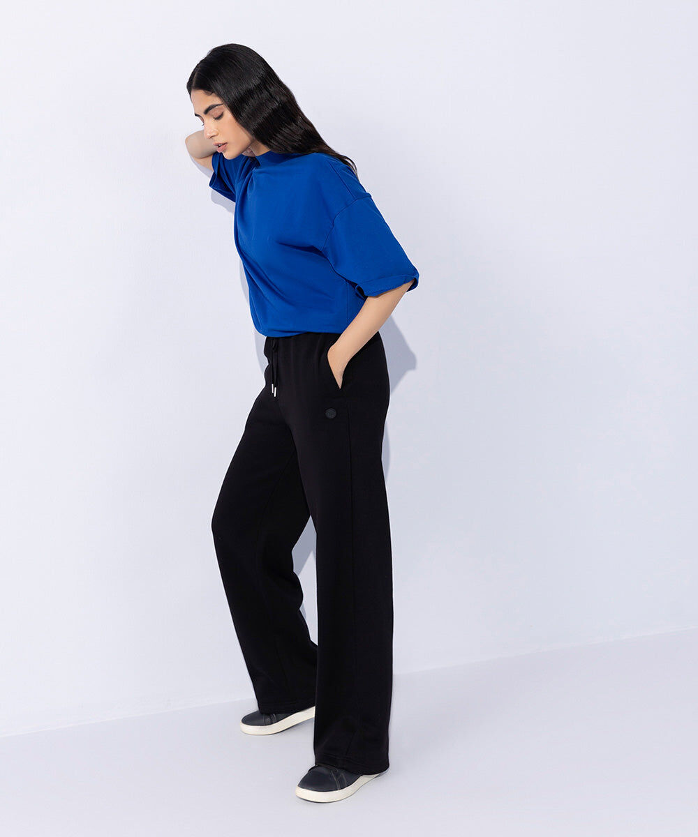 Woman - Black Fleece Wide Leg Jogging Trousers