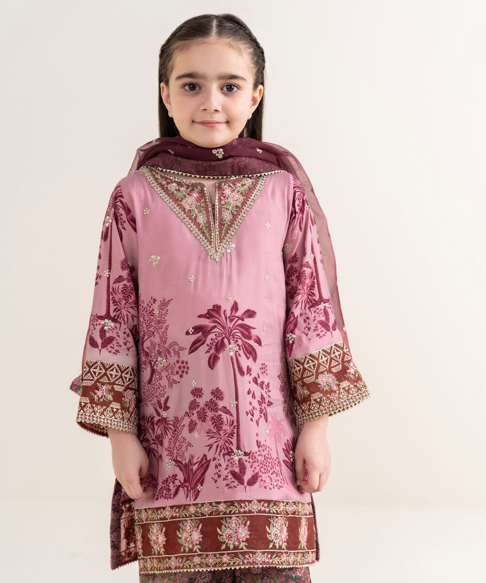 Girl's Viscose Raw Silk Embroidered Pink Three Piece Suit
