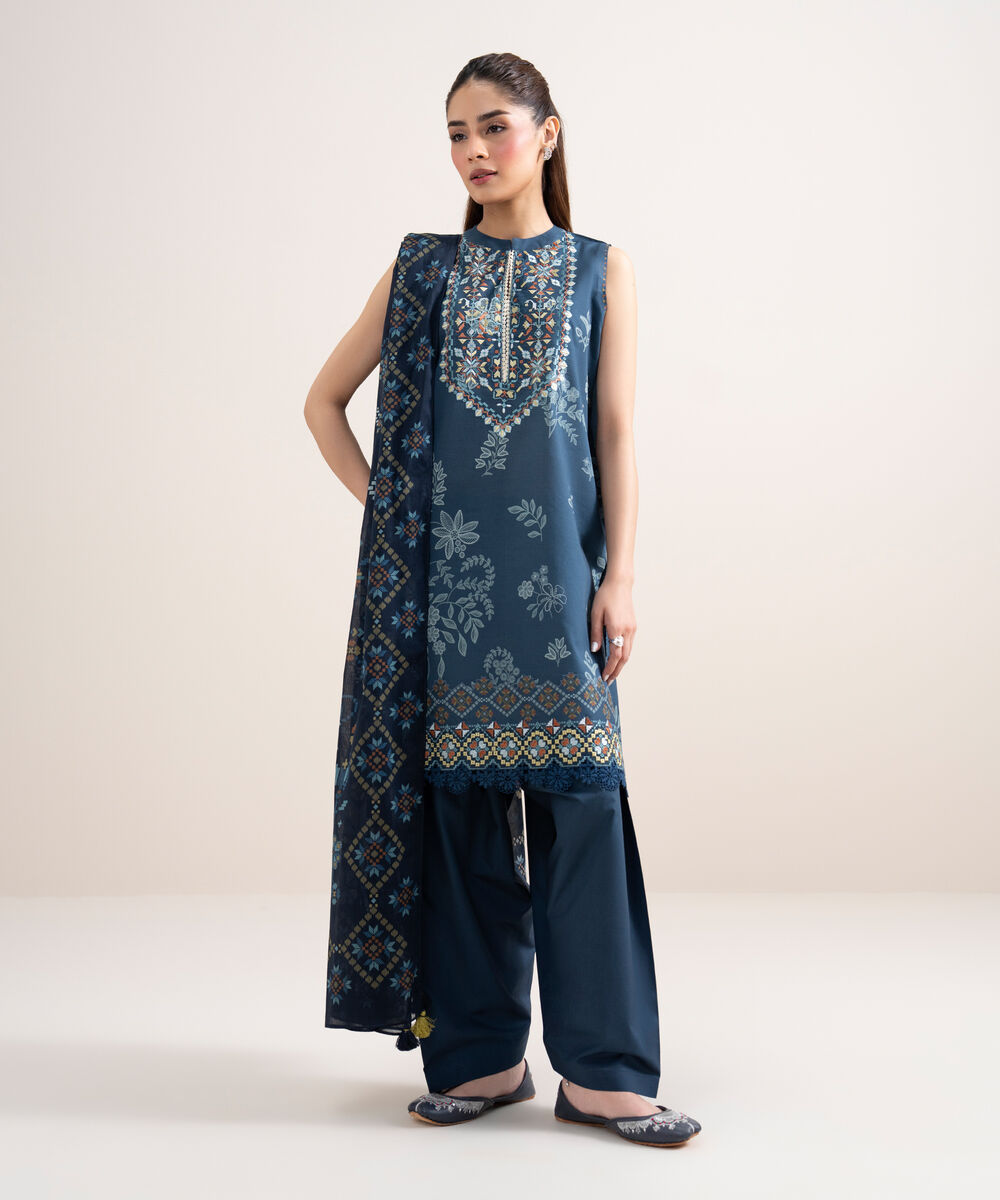 Women's Unstitched Lawn Embroidered Blue 3 Piece Suit