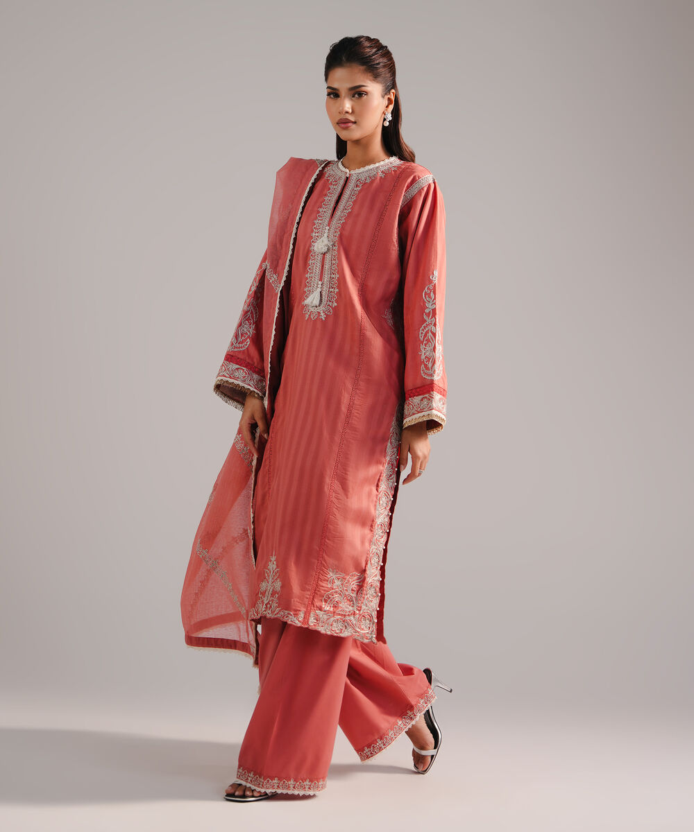 Women's RTW Leno Kara Embroidered Coral 3 Piece Suit
