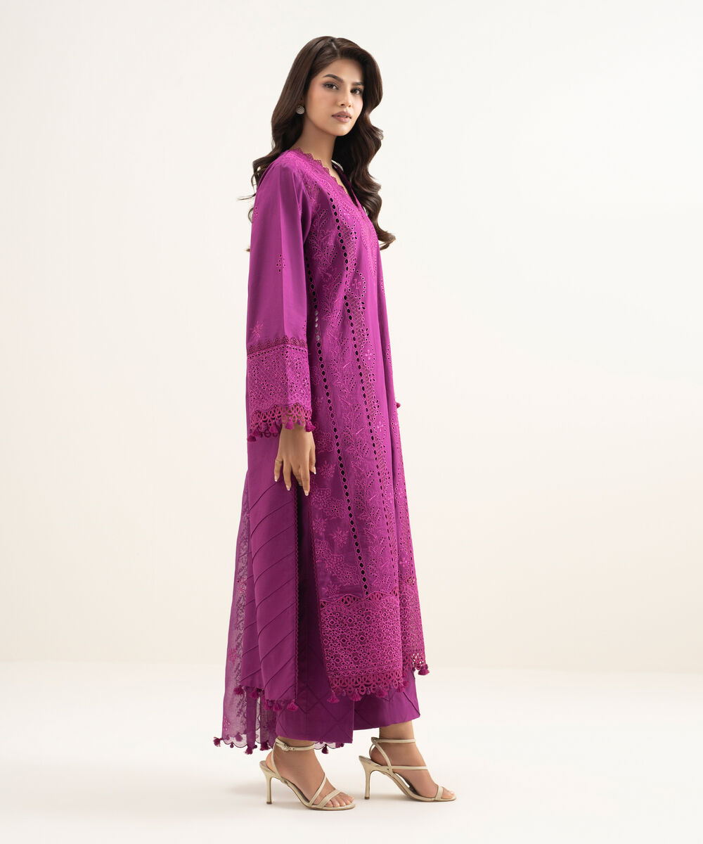 Women's Unstitched Textured Lawn Embroidered Purple 3 Piece Suit
