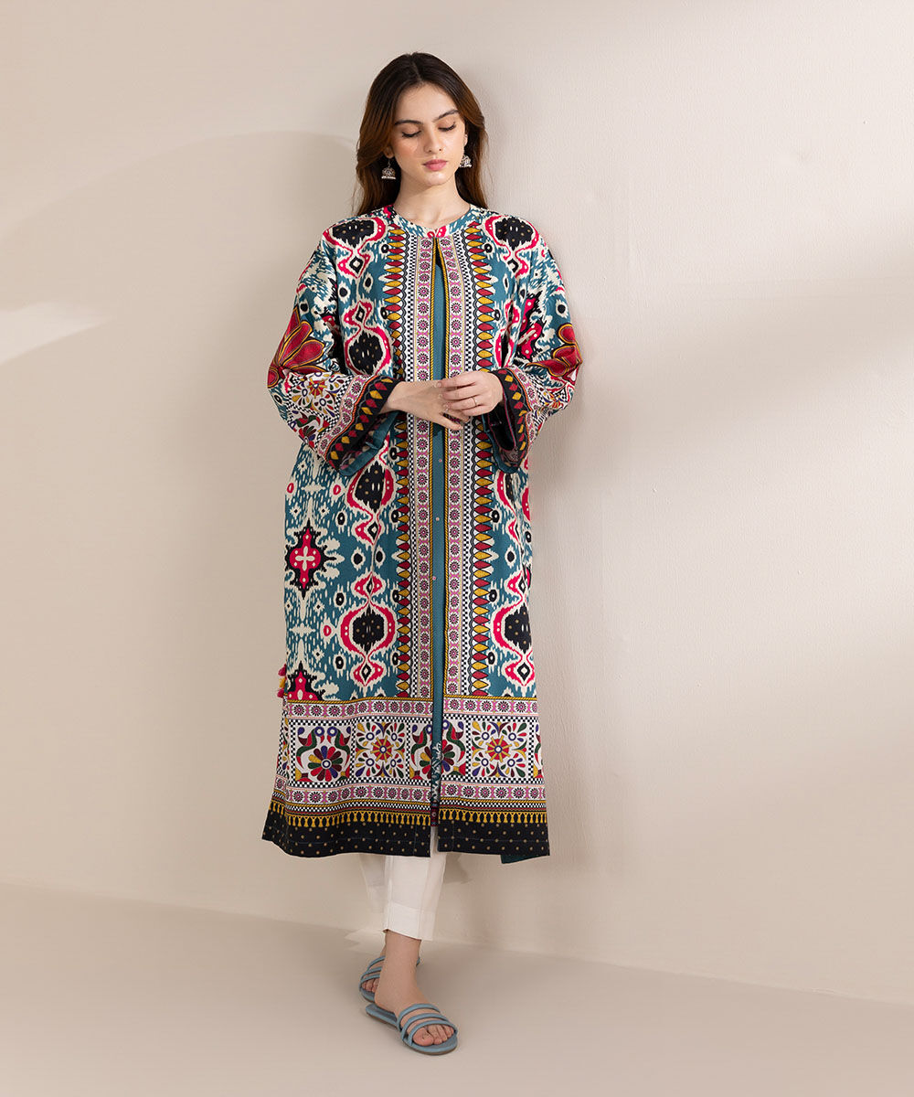 Women's Pret Cambric Green Embroidered Front Open Jacket