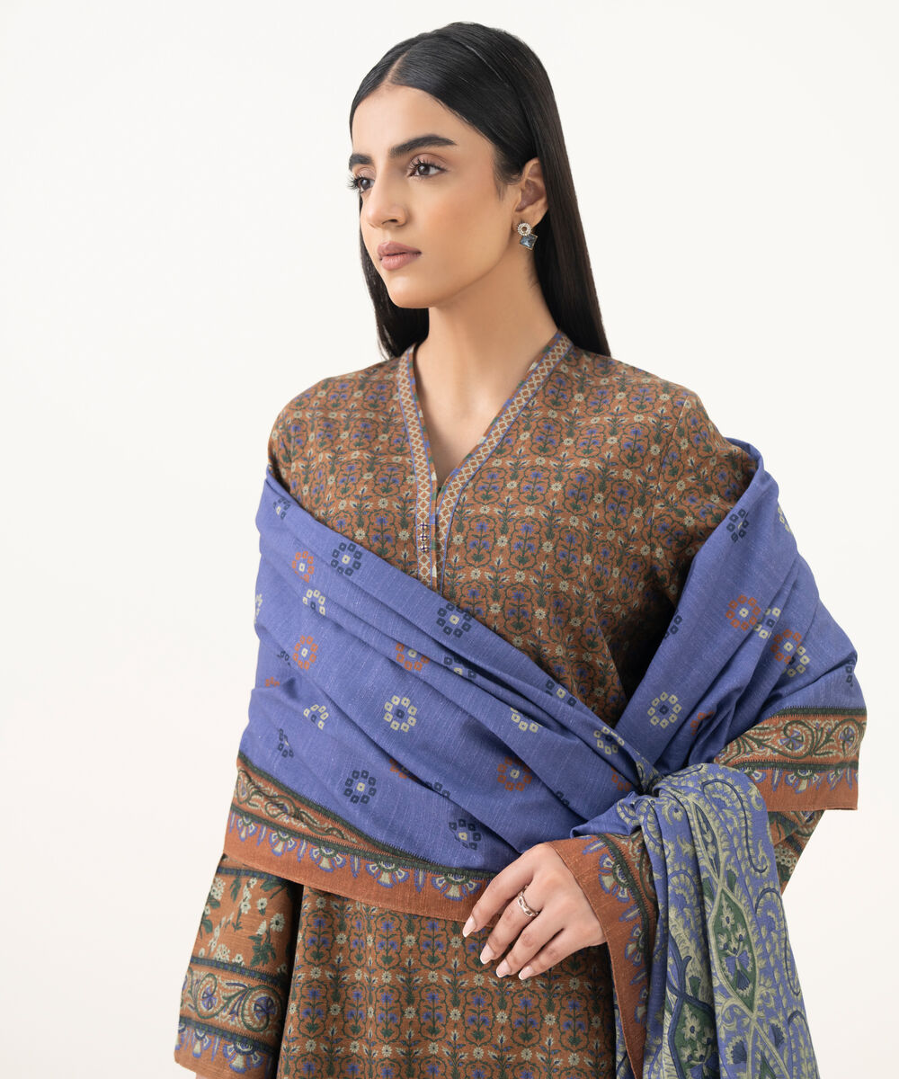 Women's Unstitched Khaddar Embroidered Brown 3 Piece Suit