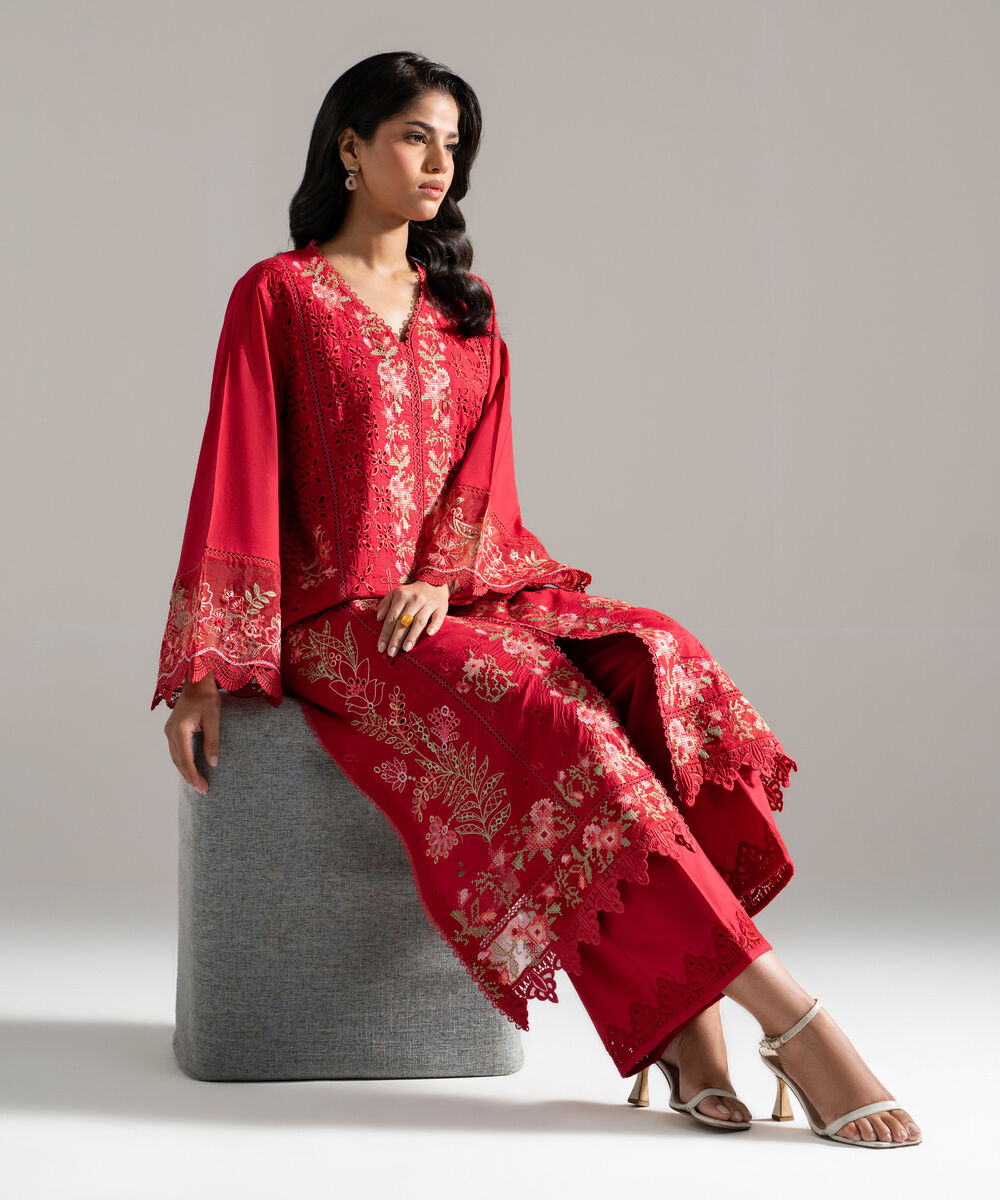 Women's RTW Lawn Embroidered Red 2 Piece Suit
