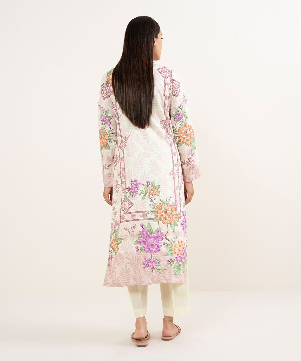 Women's RTW Arabic Lawn Off White Printed Straight Shirt