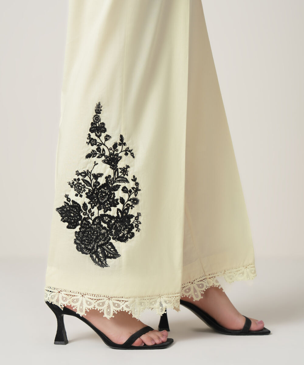 Women's RTW Cambric Off White Embroidered Trousers