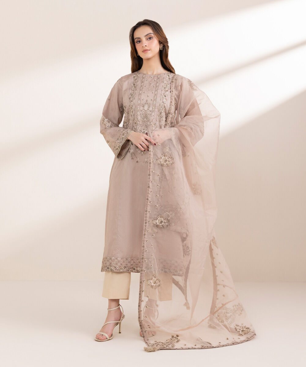 Women's Pret Cotton Jacquard Beige Embroidered A-Line Shirt