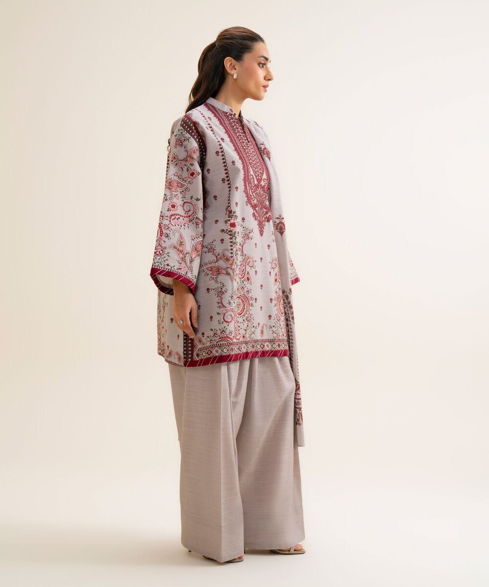 Women's Unstitched Light Khaddar Printed Light Grey 3 Piece Suit