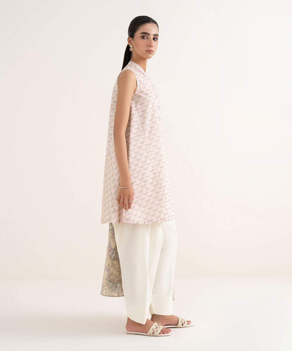 Women's Unstitched Cotton Printed Pink Two Piece Suit