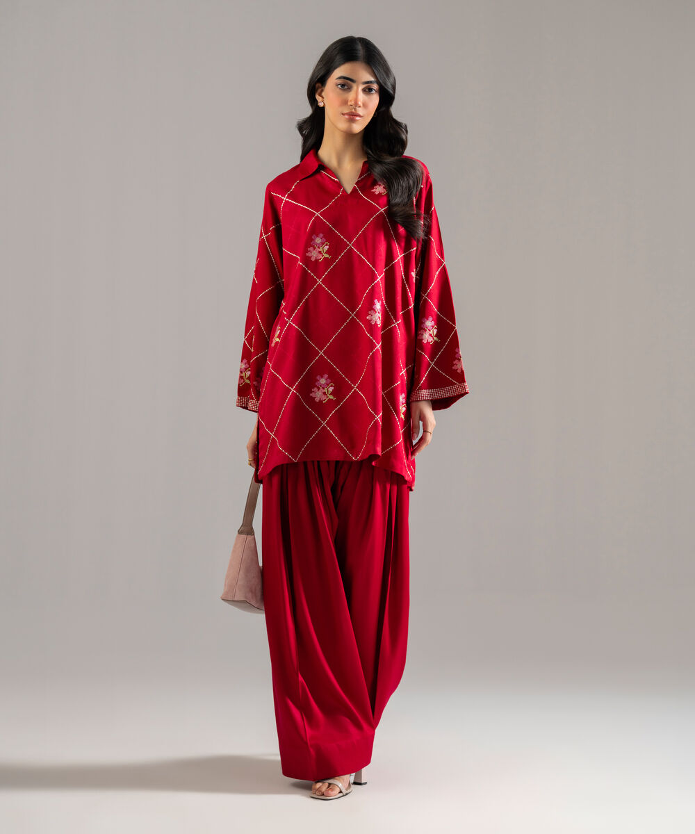Women's RTW Bedford Solid Embroidered Red Straight Shirt