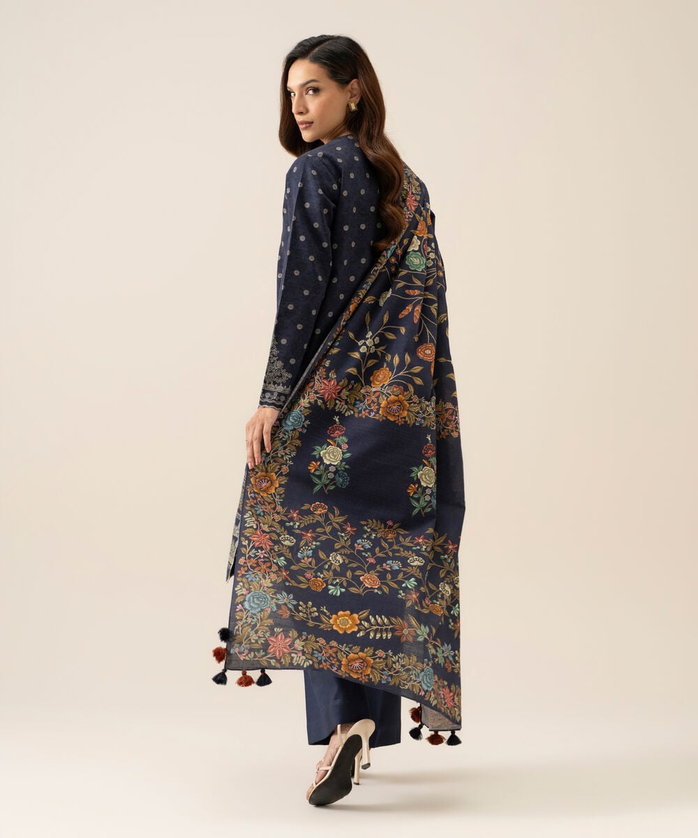 Women's Unstitched Light Khaddar Embroidered Blue 3 Piece Suit