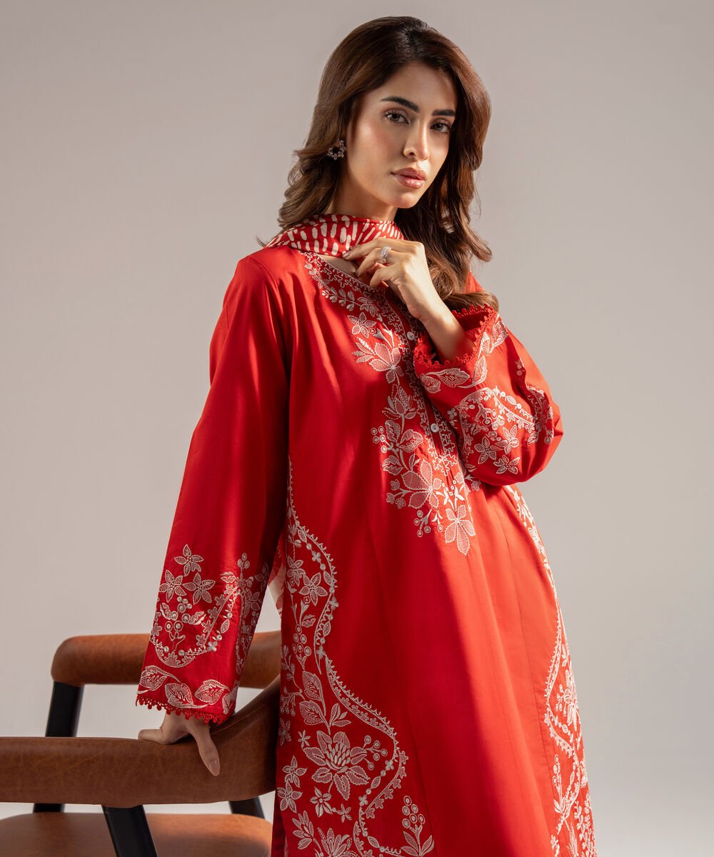 Women's RTW Cambric Embroidered Rust 2 Piece Suit