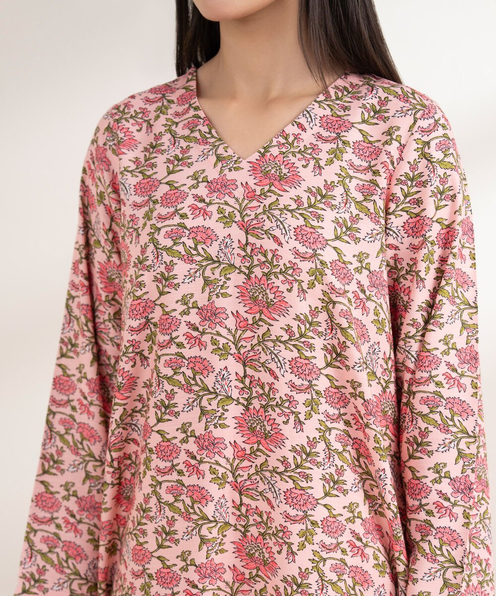 Women's RTW Arabic Khaddar Printed Straight Pink Shirt