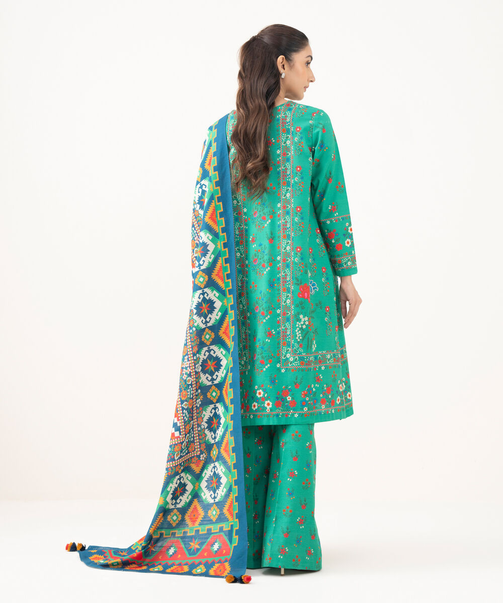 Women's Unstitched Khaddar Printed Green  3 Piece Suit