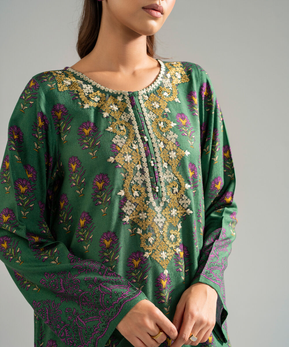 Women's RTW Self Jacquard Embroidered Green 3 Piece Suit