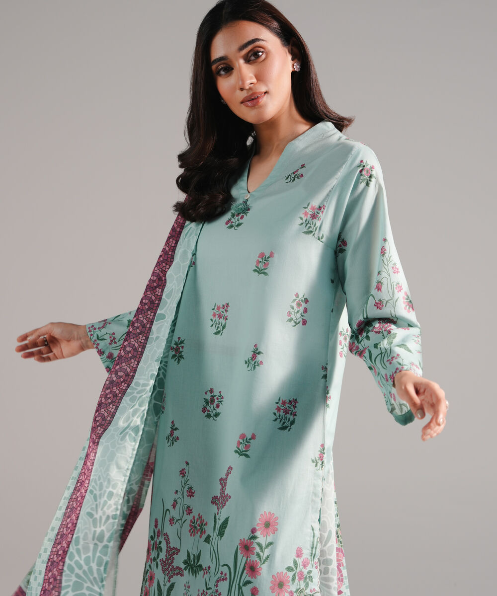 Women's RTW Lawn Printed Blue 3 Piece Suit