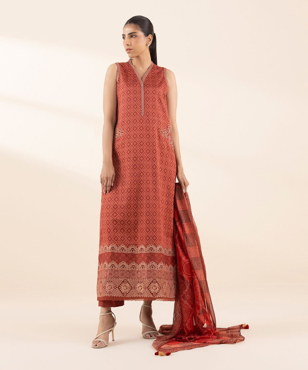 Women's Unstitched Dobby Embroidered Red 3 Piece Suit