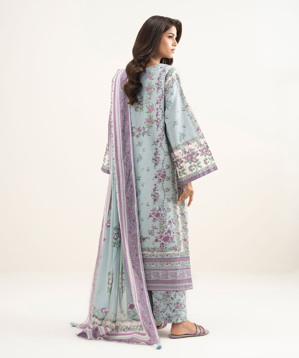 Women's Unstitched Zari Lawn Printed Blue 3 Piece Suit