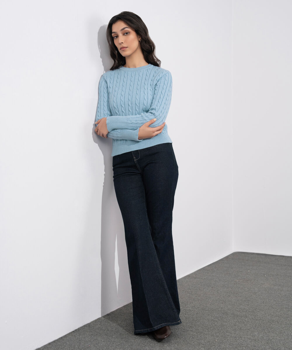 Women's Western Wear Blue Cable Knit Sweater