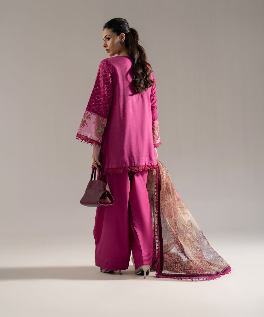 Women's RTW Dobby Solid Embroidered Pink 3 Piece Suit