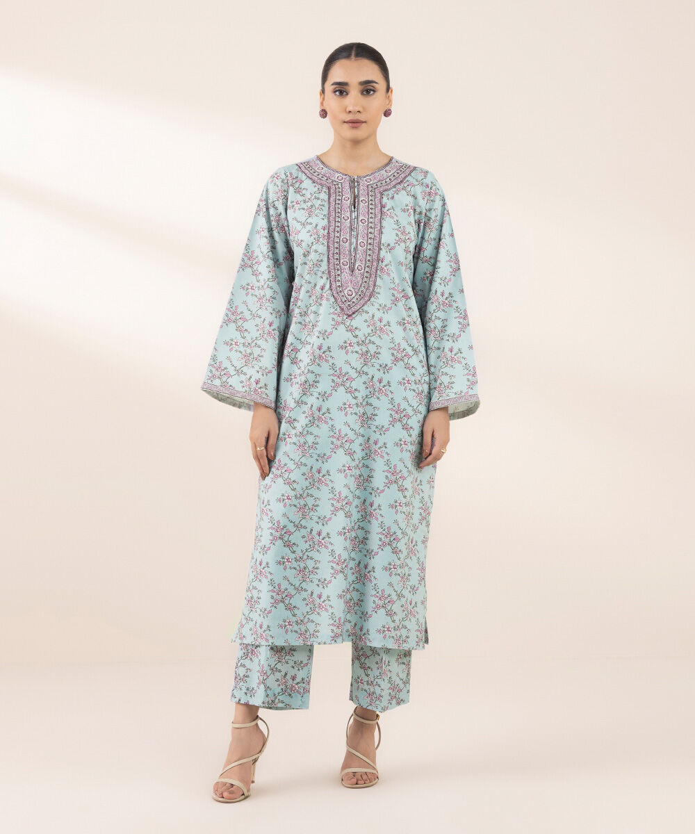 Women's RTW Cotton Viscose Blue Embroidered A-Line Shirt