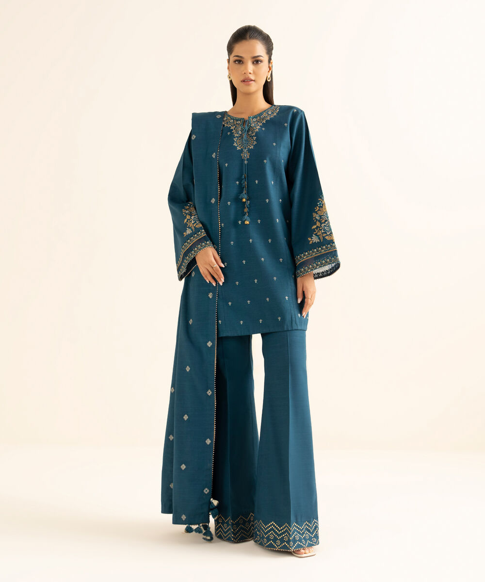 Women's Unstitched Cotton Embroidered Blue 3 Piece Suit