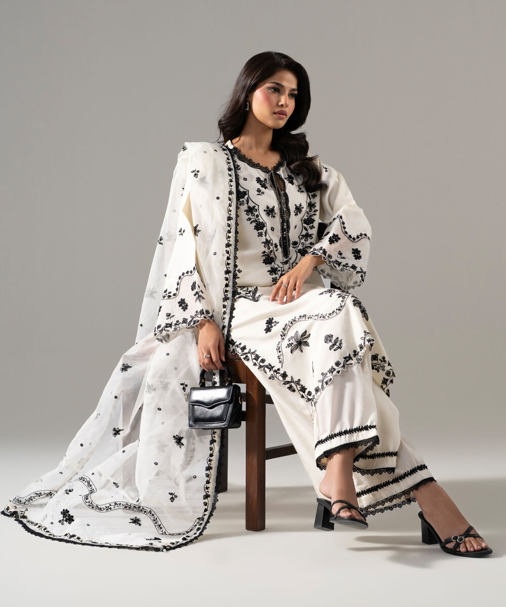 Women's RTW Raw Silk Solid Embroidered Off White 3 Piece Suit