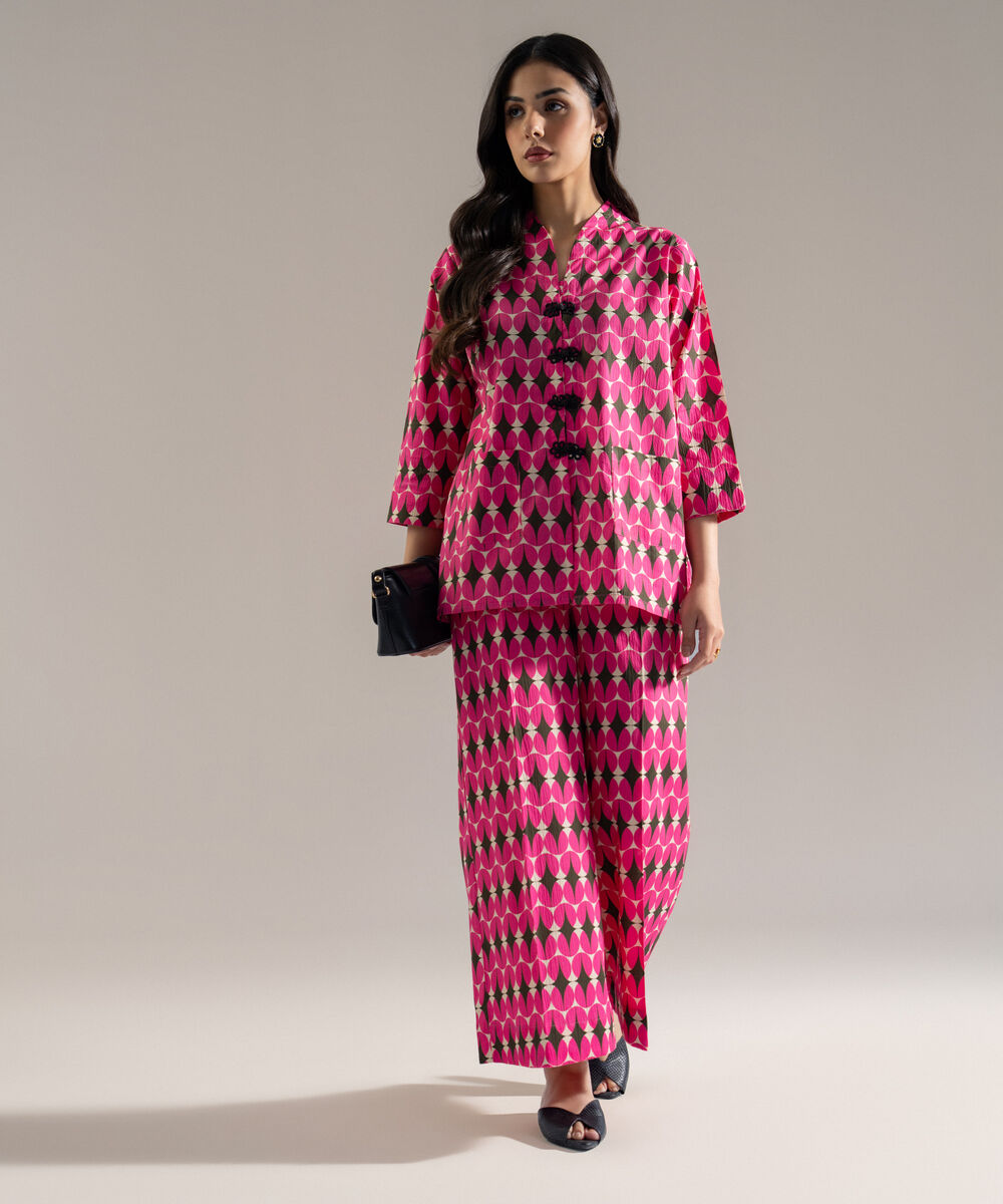 Women's RTW Seersucker Printed Pink 2 Piece Suit