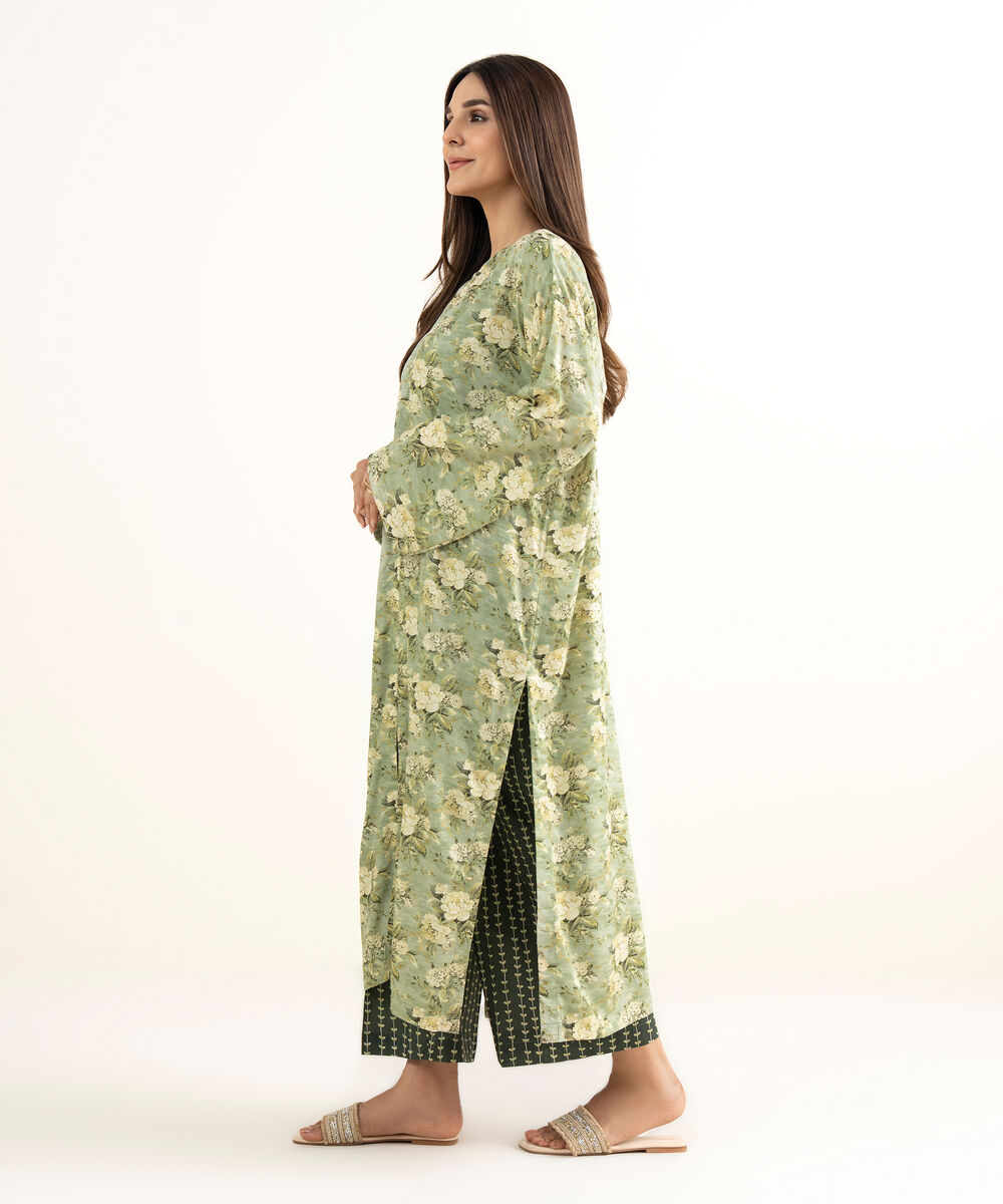 Women's RTW Arabic Lawn Green Printed Drop Shoulder Shirt