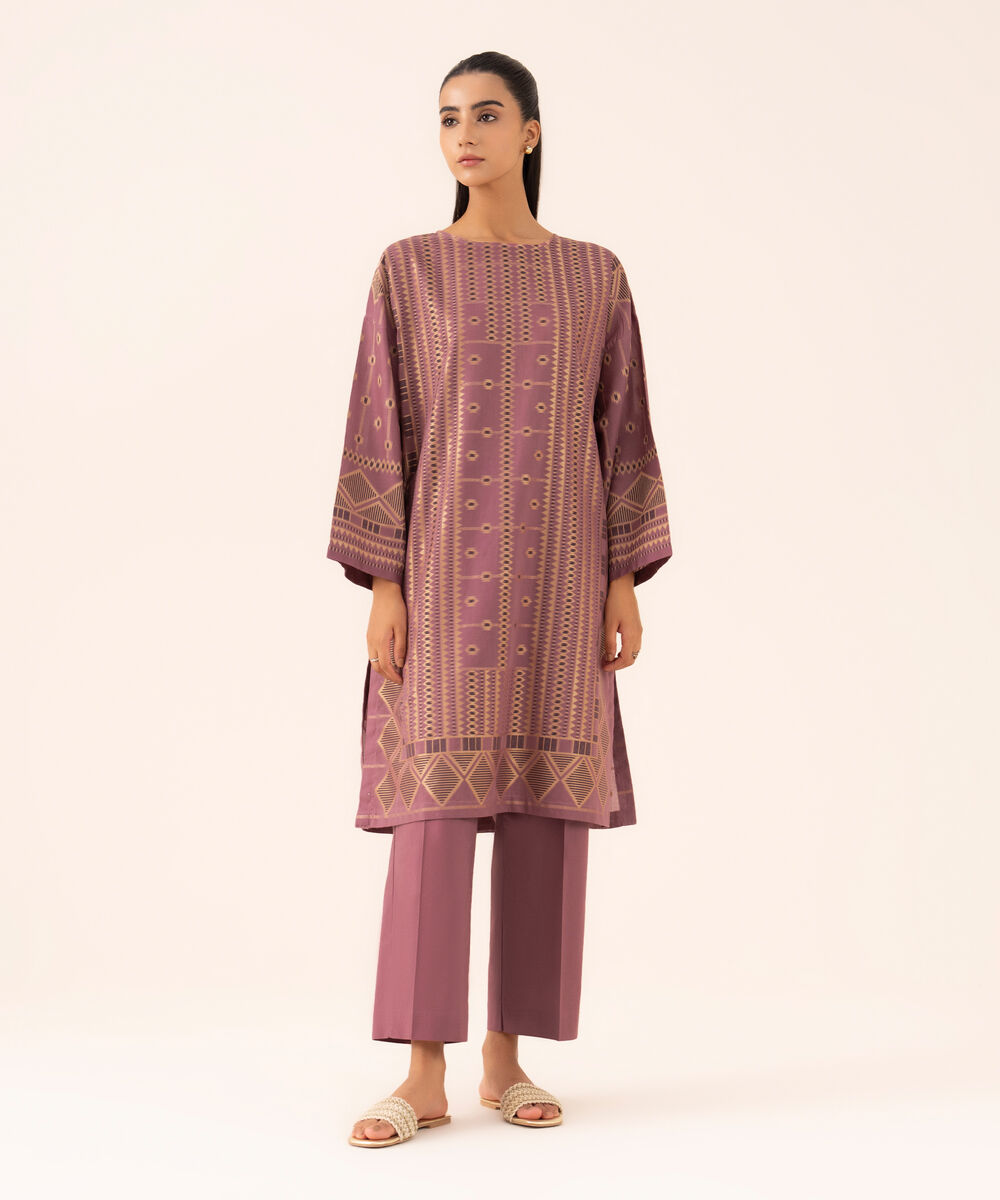 Women's RTW Extra Weft Jacquard Coral Pink Solid Boxy Shirt