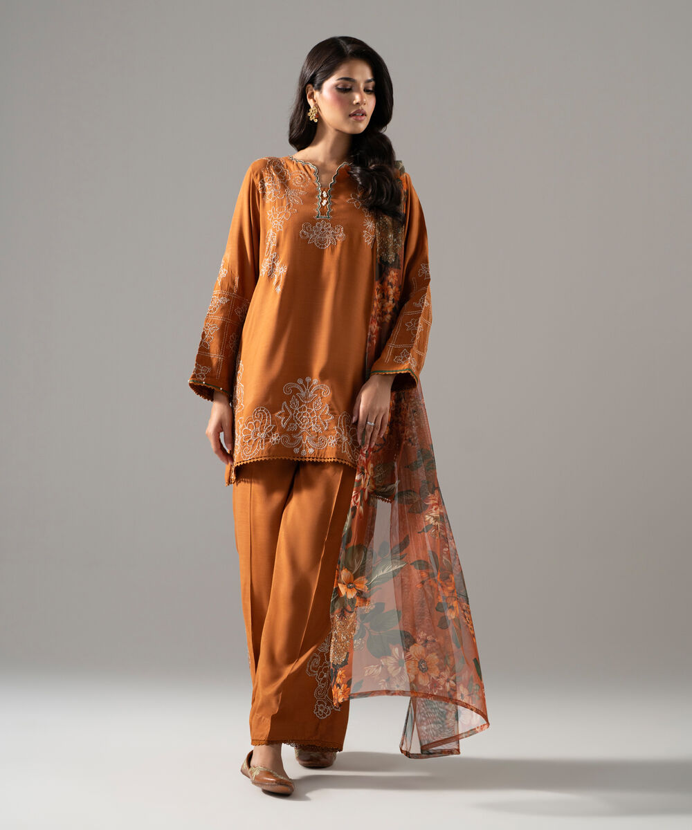 Women's RTW Blended Net Printed Terracotta Brown Dupatta