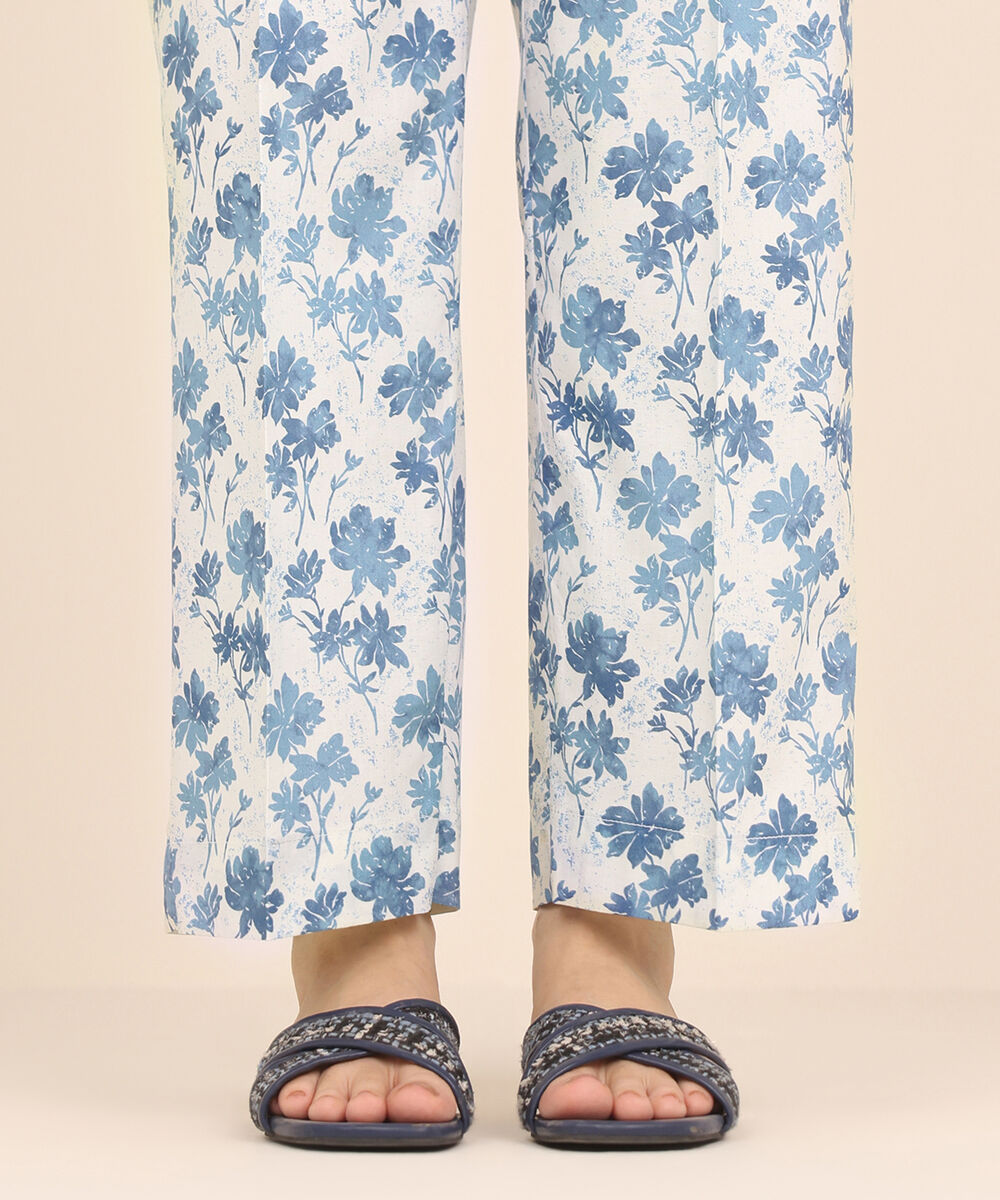 Women's RTW Cambric White Printed Straight Pants