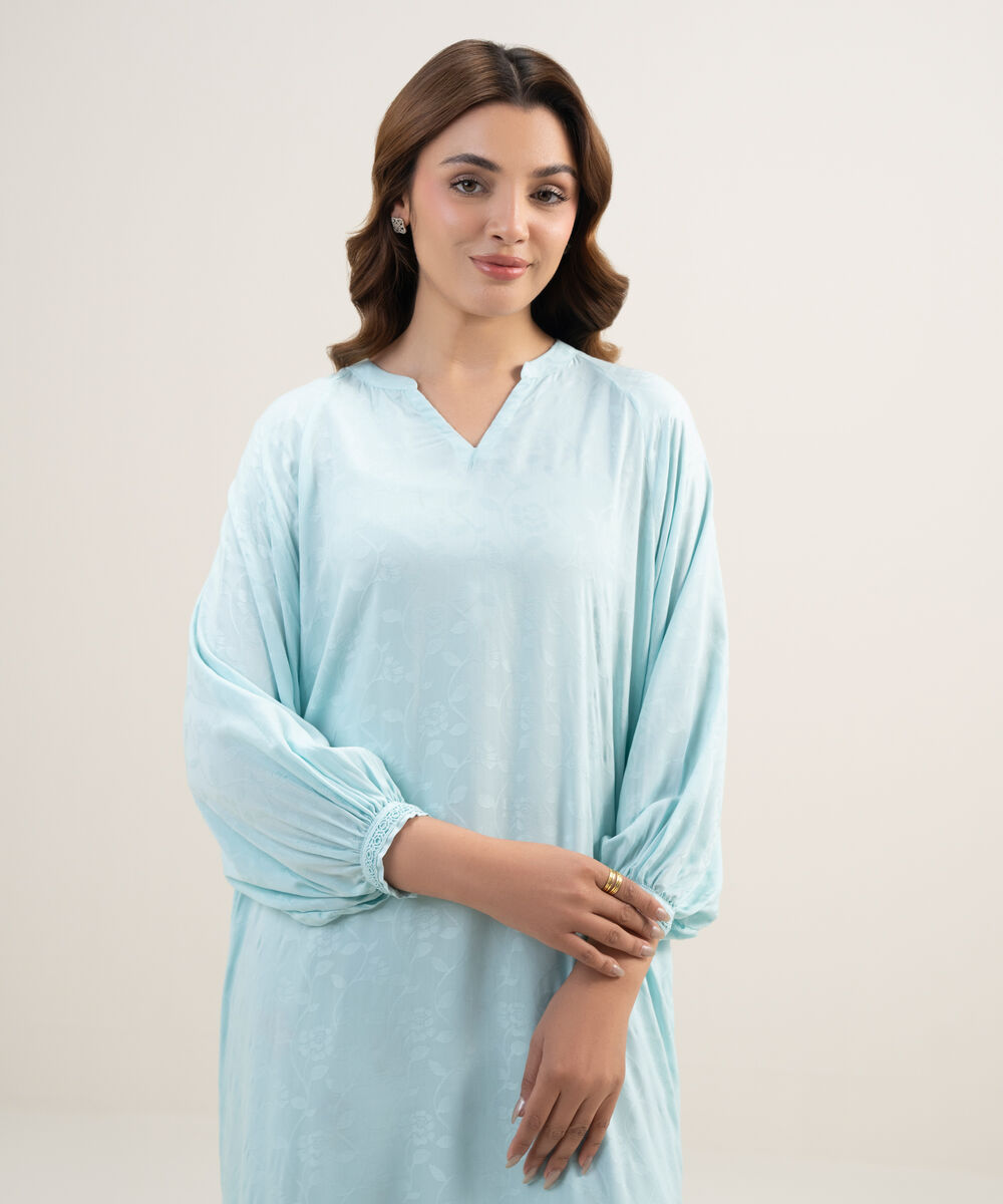 Women's RTW Arabic Self Jacquard Solid Blue Drop Shoulder Shirt