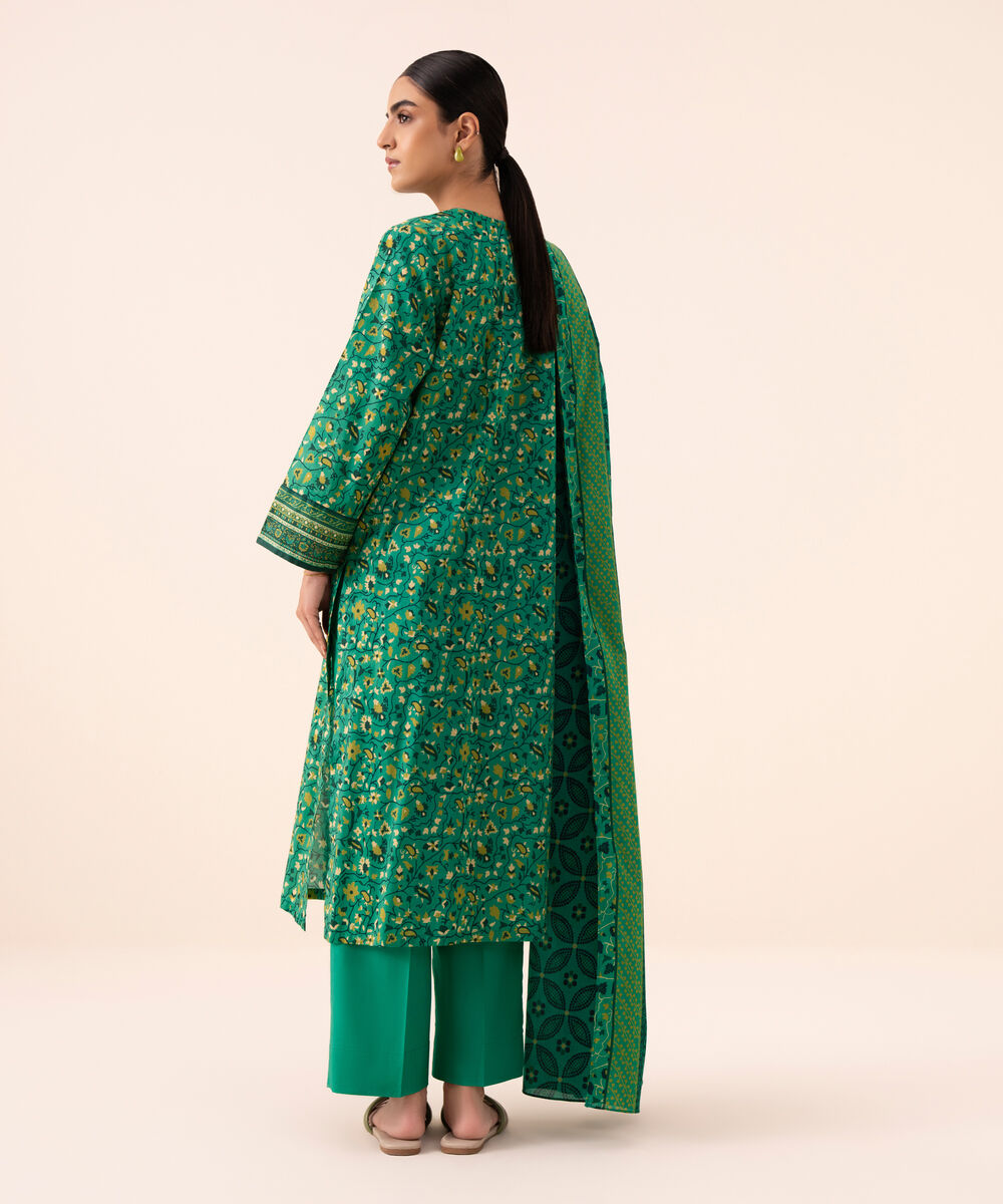 Women's Unstitched Cotton Printed Green Three Piece Suit