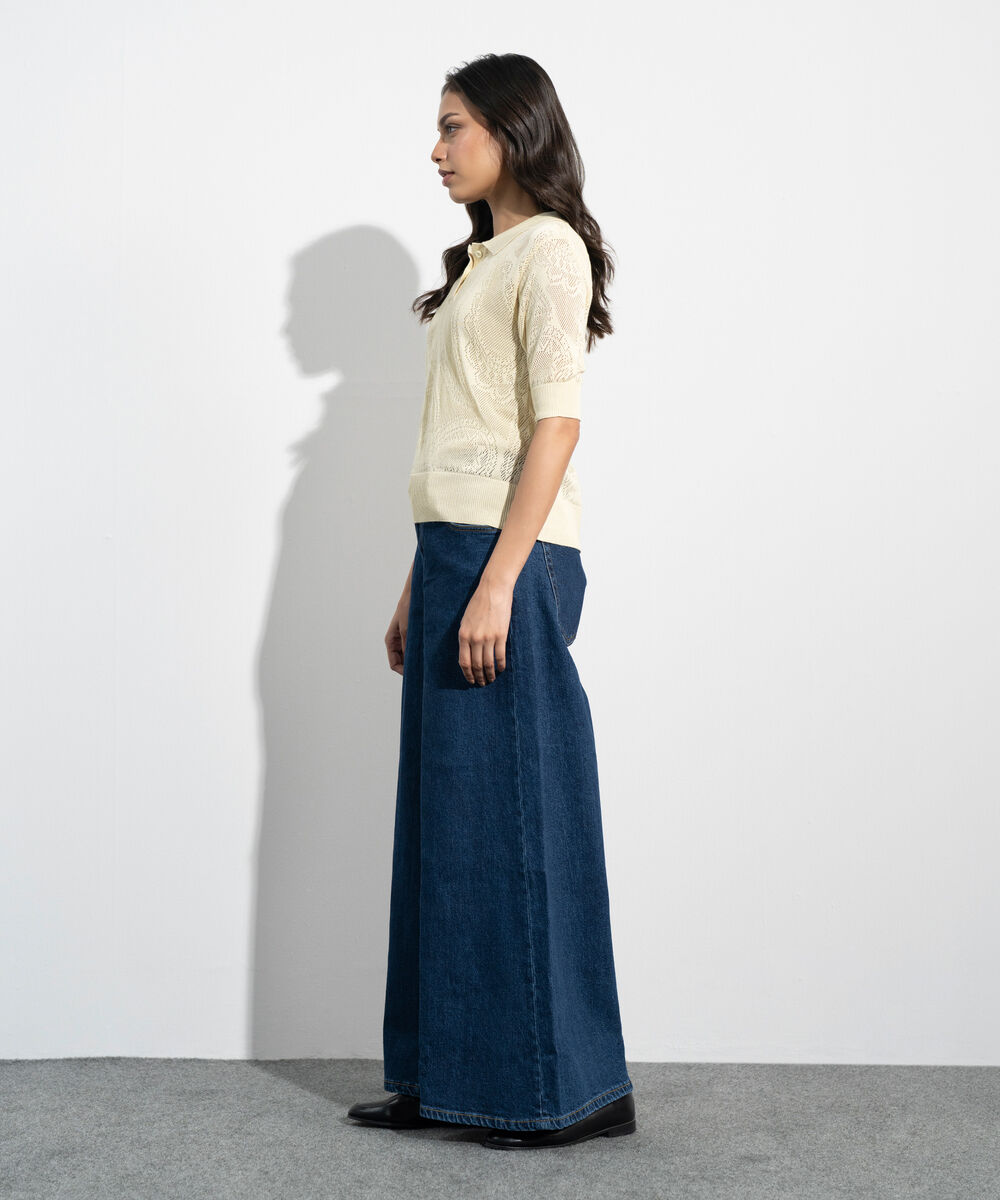 Women's Western Yellow Pointelle Summer Knit Polo Top